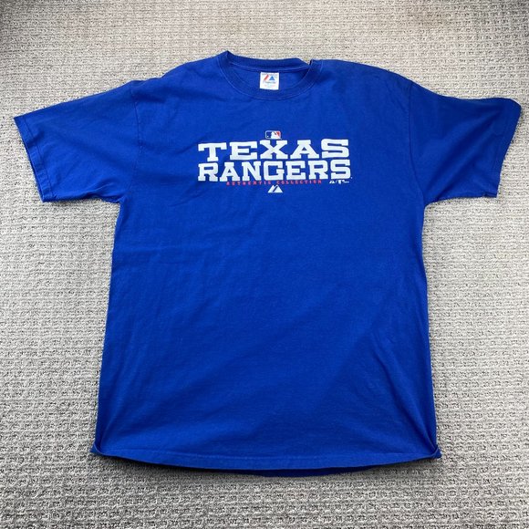 Texas Rangers Majestic Shirt Men Extra Large XL Blue MLB Baseball T-Shirt Print - Picture 1 of 10